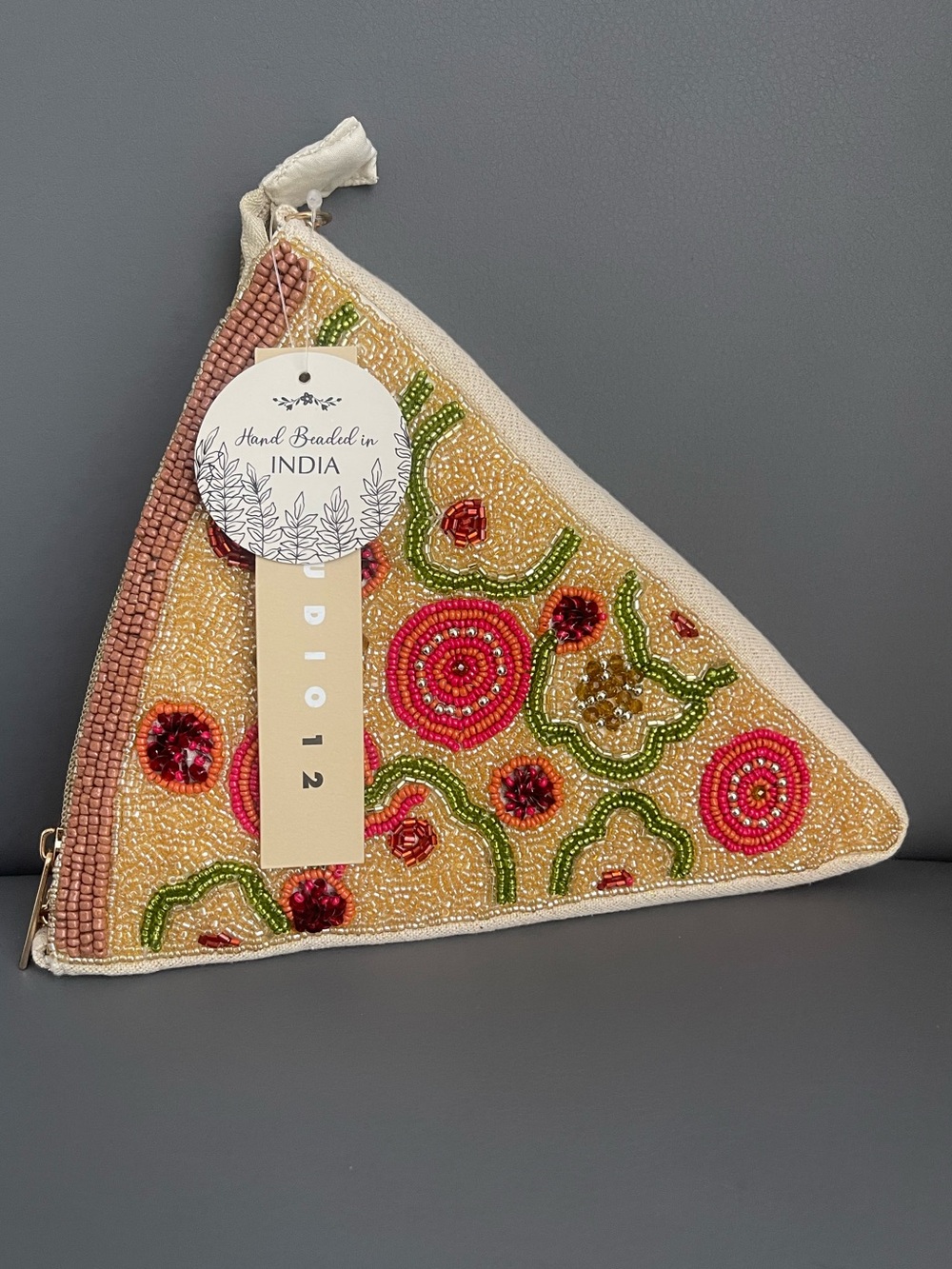 Studio 12 Pizza Purse Hand Beaded Crossbody Bag Novelty Gold Chain